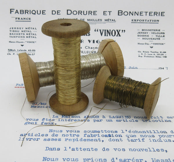 Antique French Tinsel Metallic Thread 3 Spools Assorted Tinsel Trading