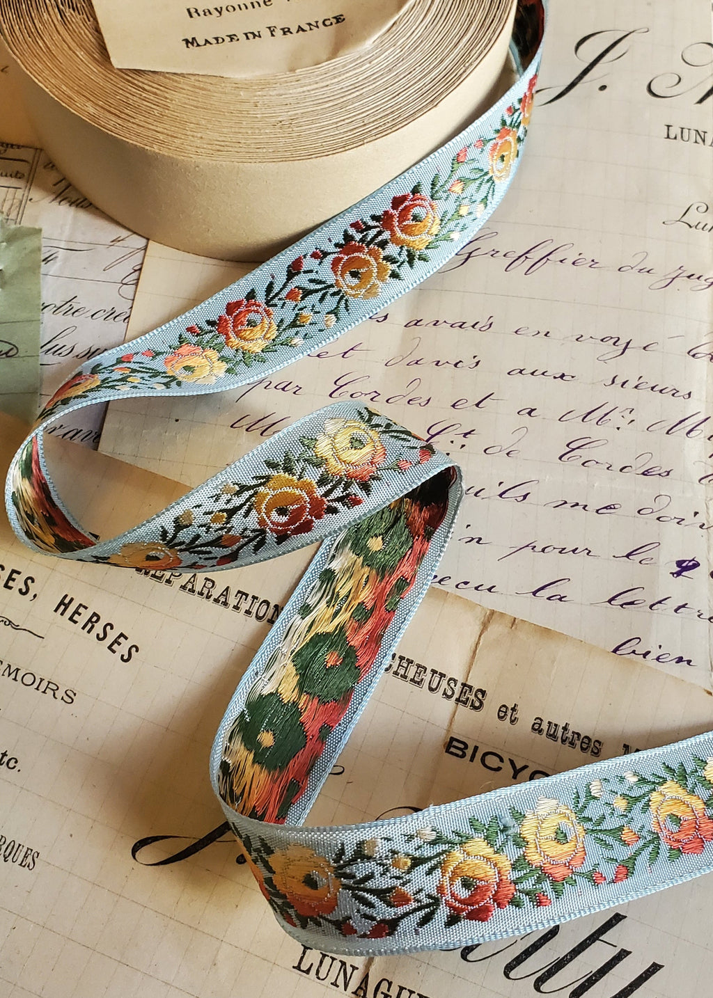 Colorful Antique French Rose Floral Jacquard Ribbon