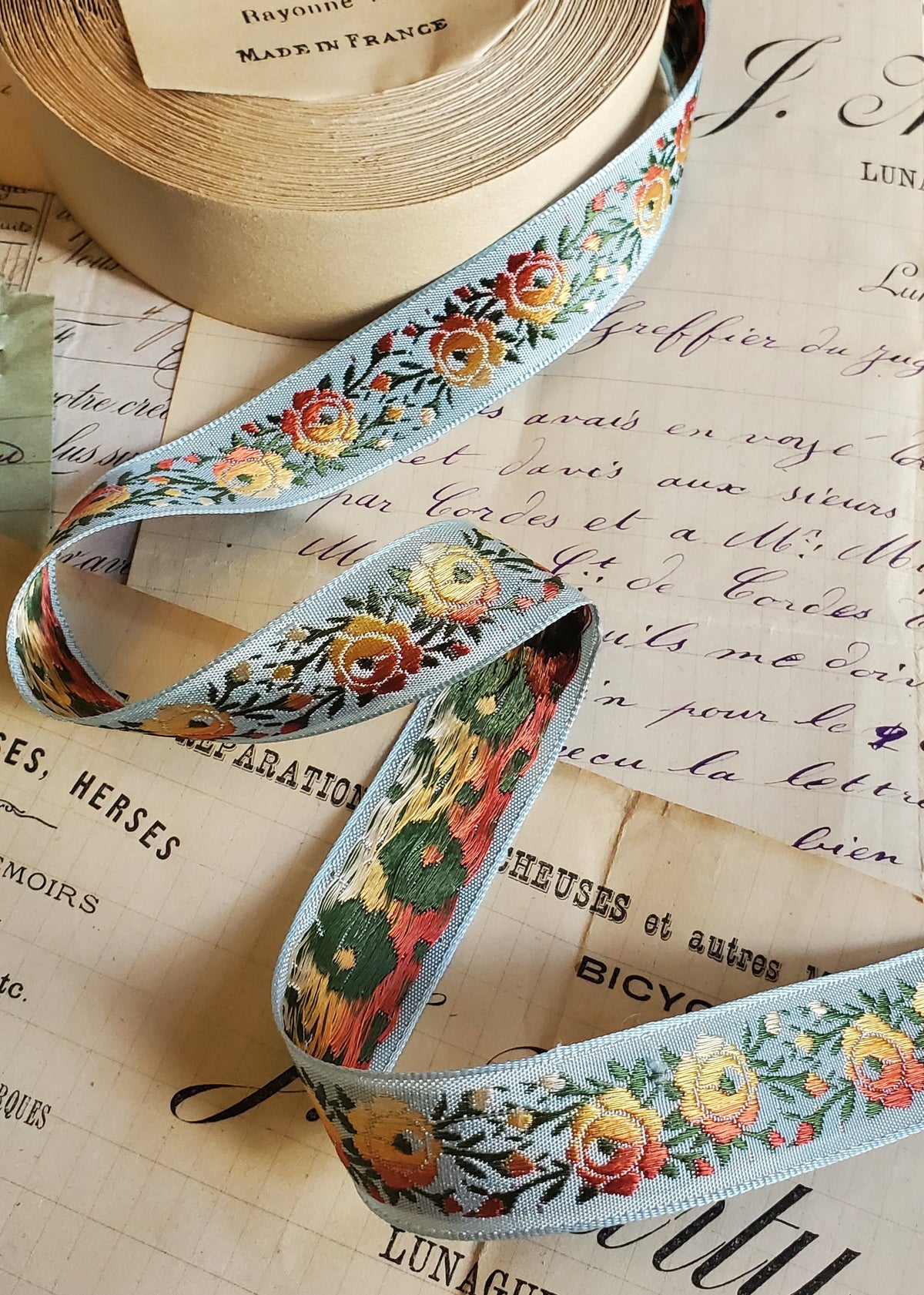 Colorful Antique French Rose Floral Jacquard Ribbon