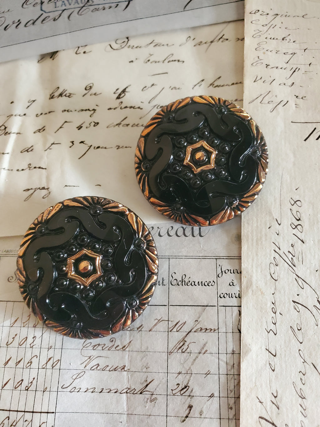 2 XL Vintage Glass Black Buttons W/Gold 1 5/8"