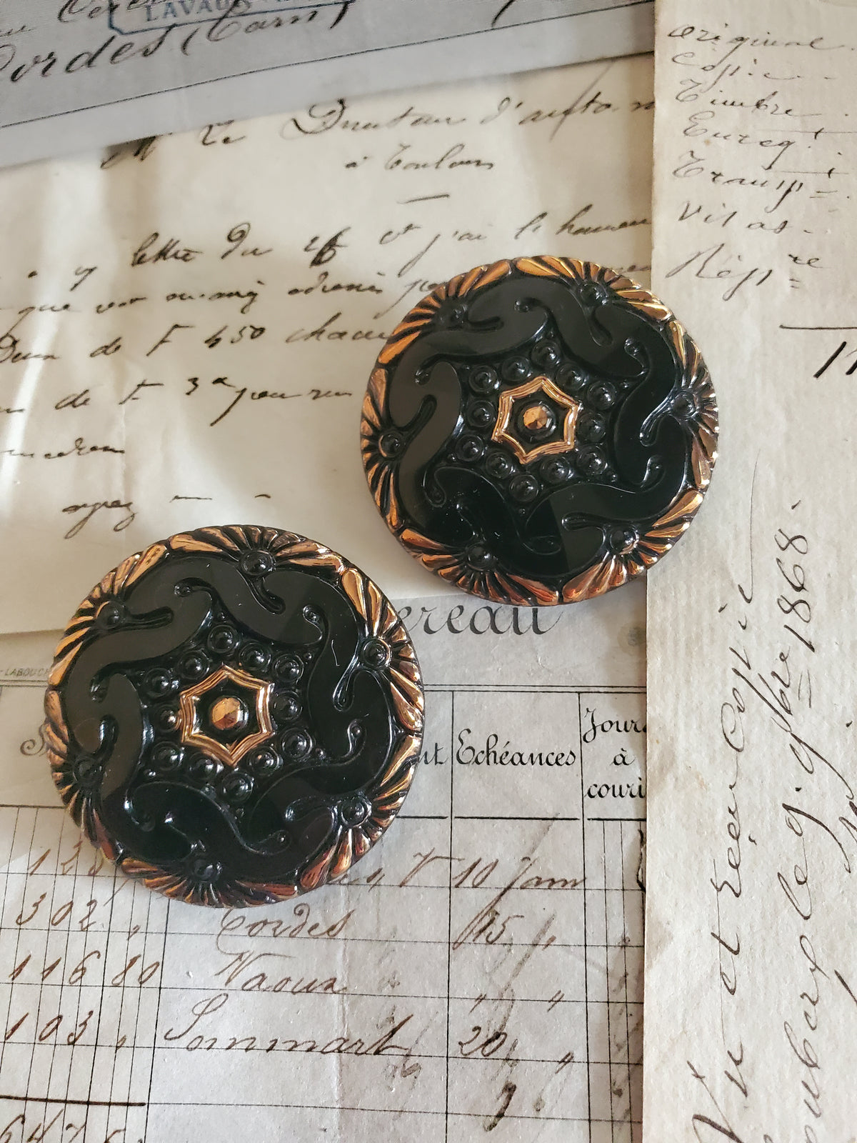 2 XL Vintage Glass Black Buttons W/Gold 1 5/8"