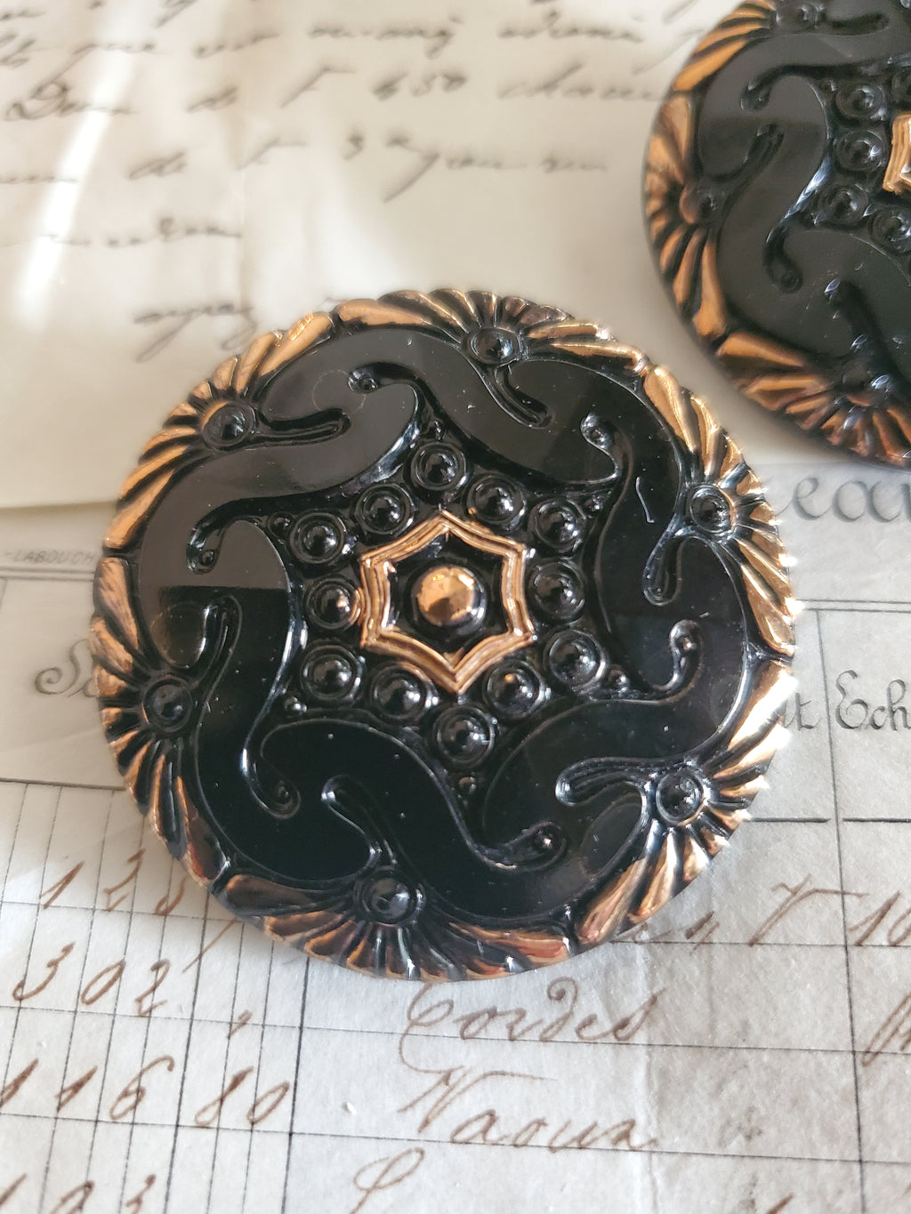 2 XL Vintage Glass Black Buttons W/Gold 1 5/8"