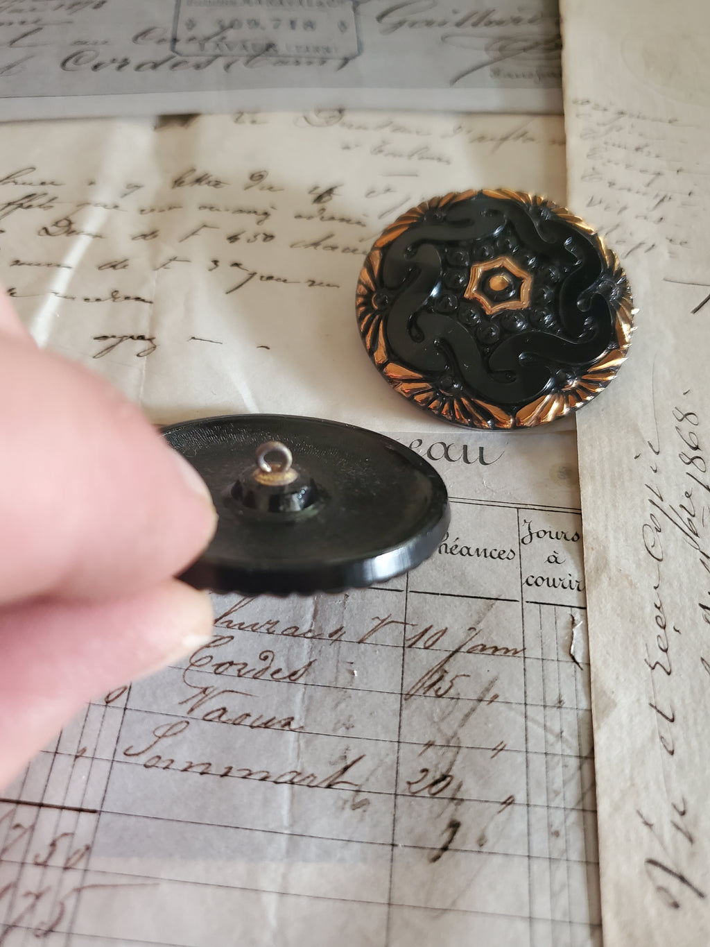 2 XL Vintage Glass Black Buttons W/Gold 1 5/8"