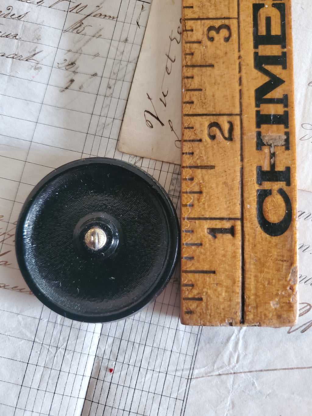 2 XL Vintage Glass Black Buttons W/Gold 1 5/8"