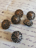 6 Vintage Black glass and gold buttons