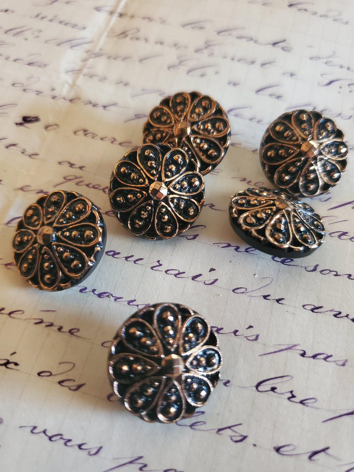 6 Vintage Black glass and gold buttons