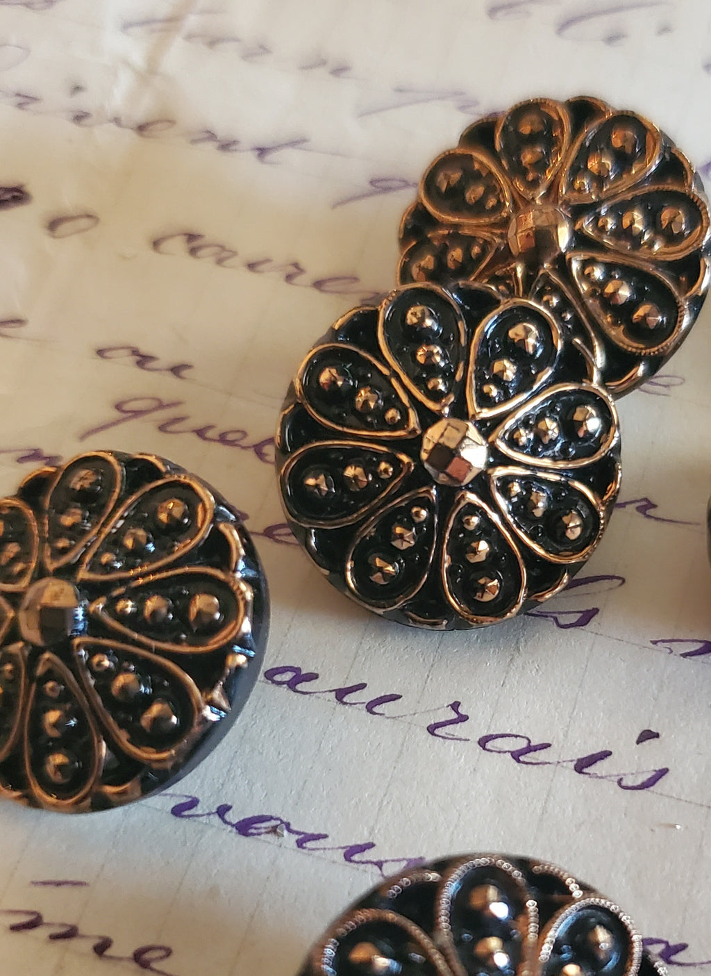 6 Vintage Black glass and gold buttons