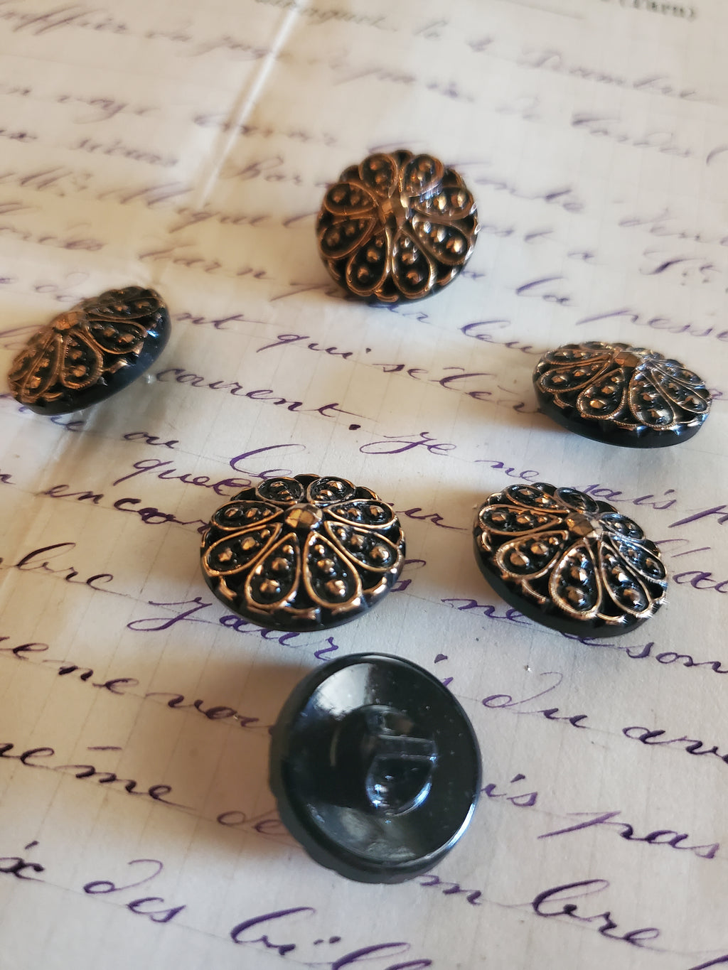6 Vintage Black glass and gold buttons