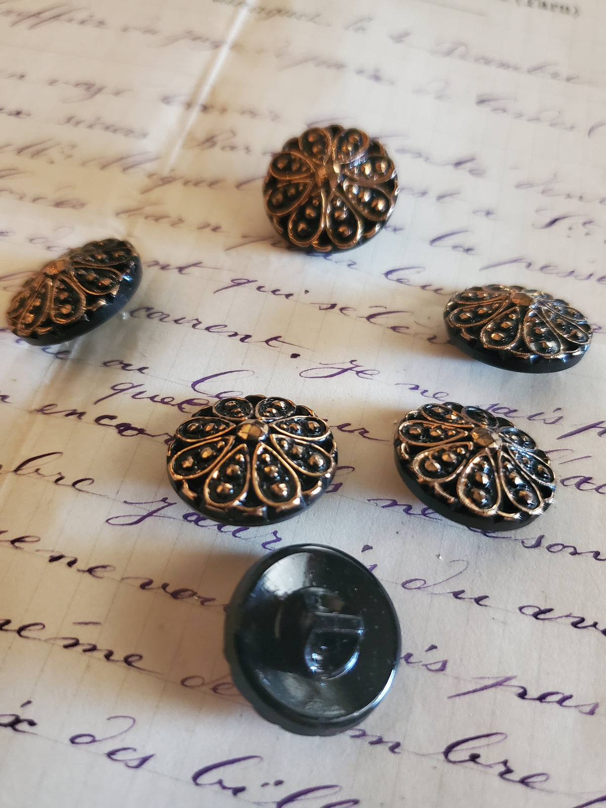 6 Vintage Black glass and gold buttons