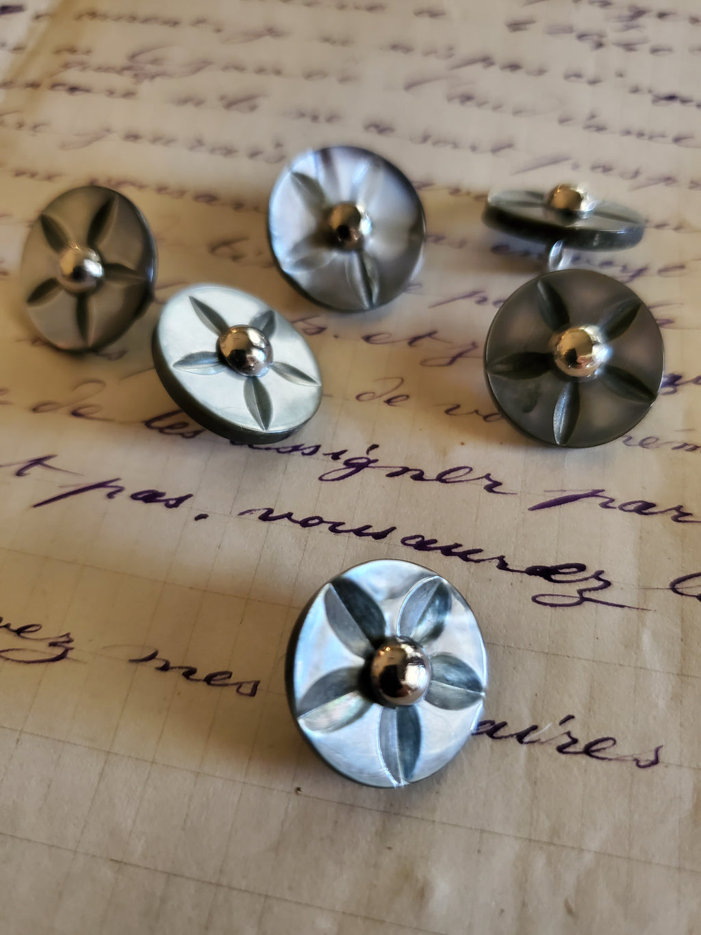 6 Vintage Grey Abalone Carved Buttons