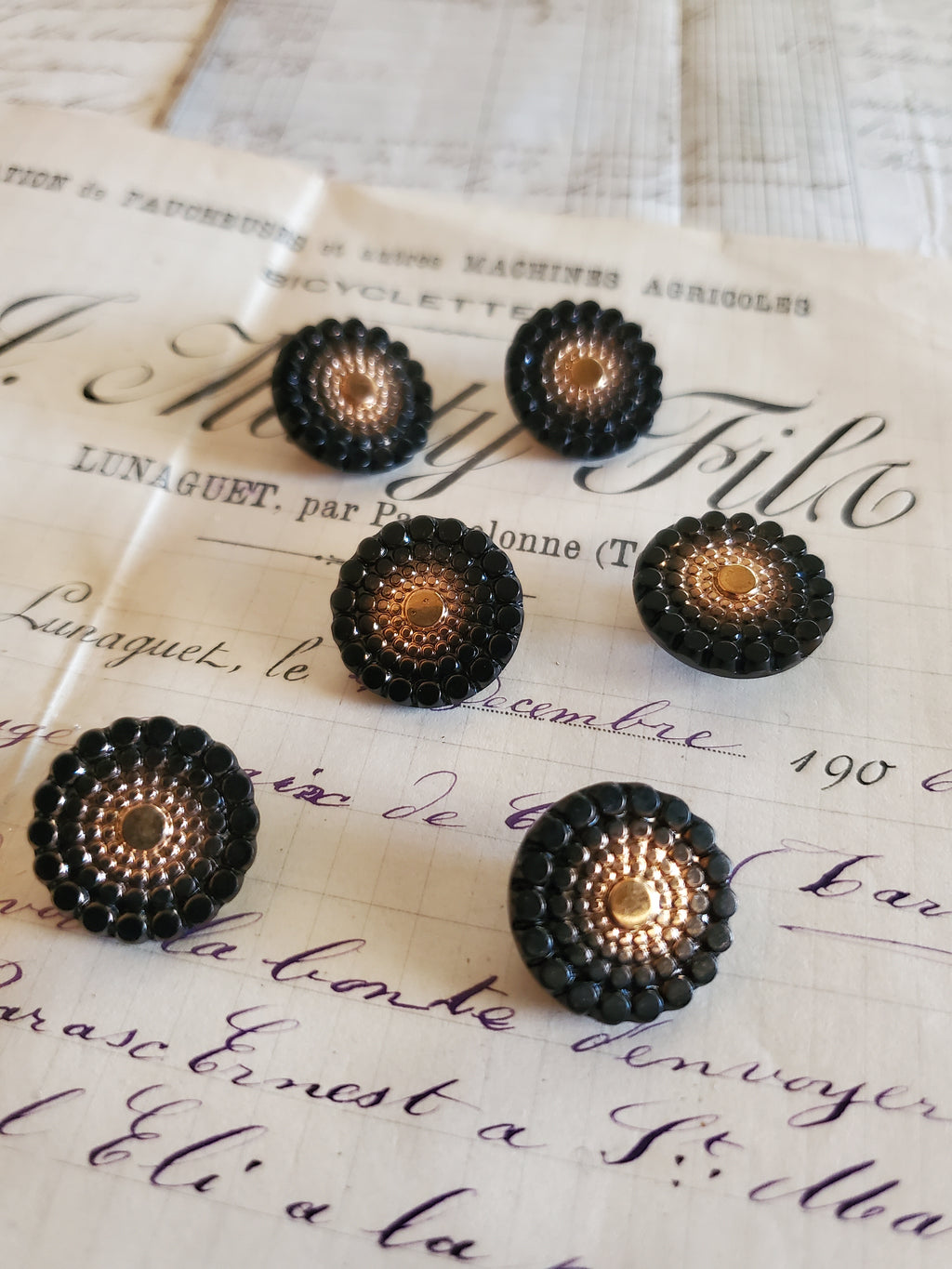 6 Vintage Glass Black and Gold Buttons