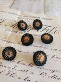 6 Vintage Glass Black and Gold Buttons