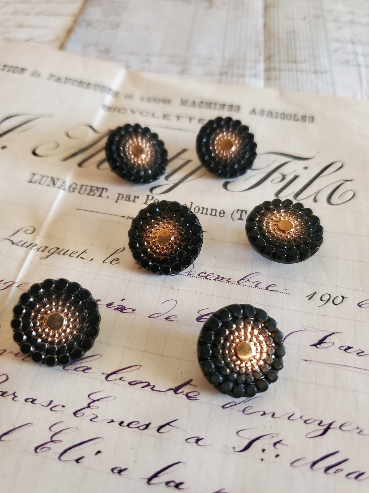 6 Vintage Glass Black and Gold Buttons