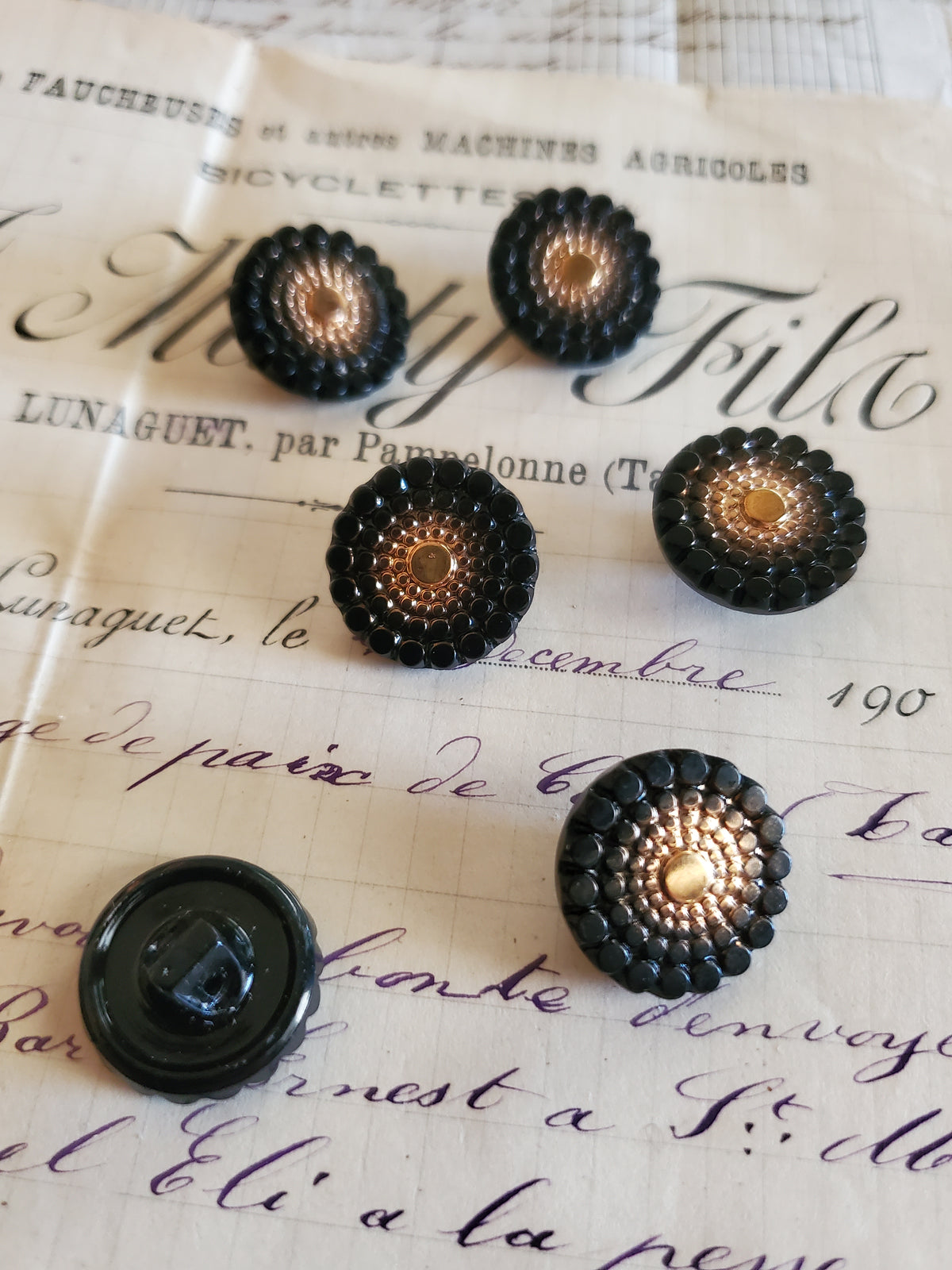 6 Vintage Glass Black and Gold Buttons