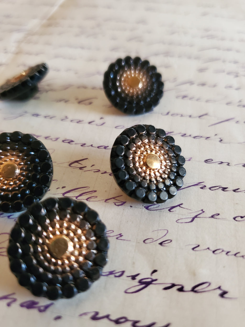 6 Vintage Glass Black and Gold Buttons