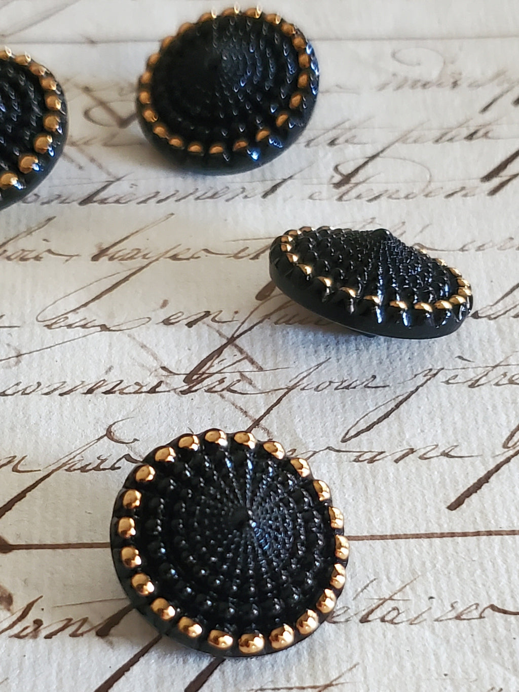 6 Vintage Black and Gold Glass Buttons