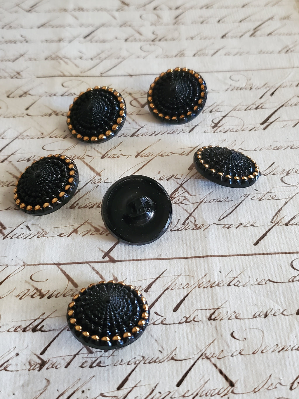 6 Vintage Black and Gold Glass Buttons
