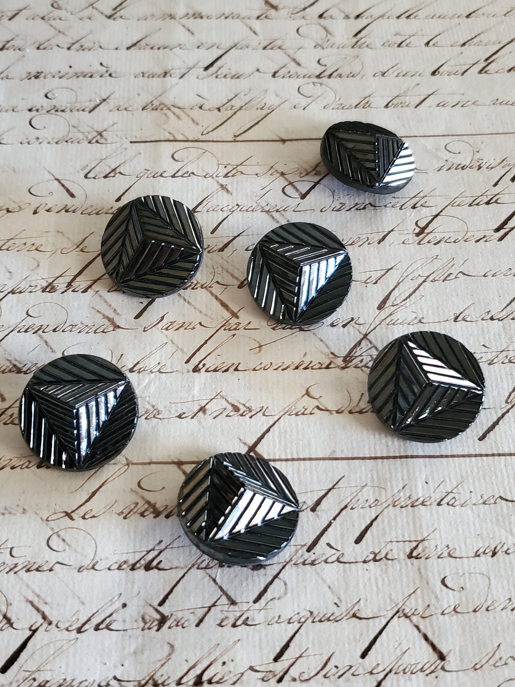 6 Vintage Gunmetal Pyramid Glass Buttons