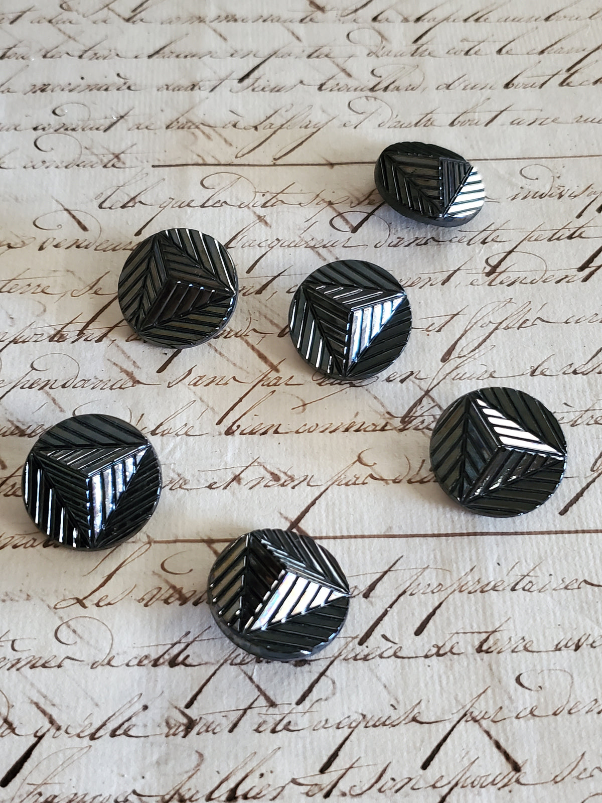 6 Vintage Gunmetal Pyramid Glass Buttons