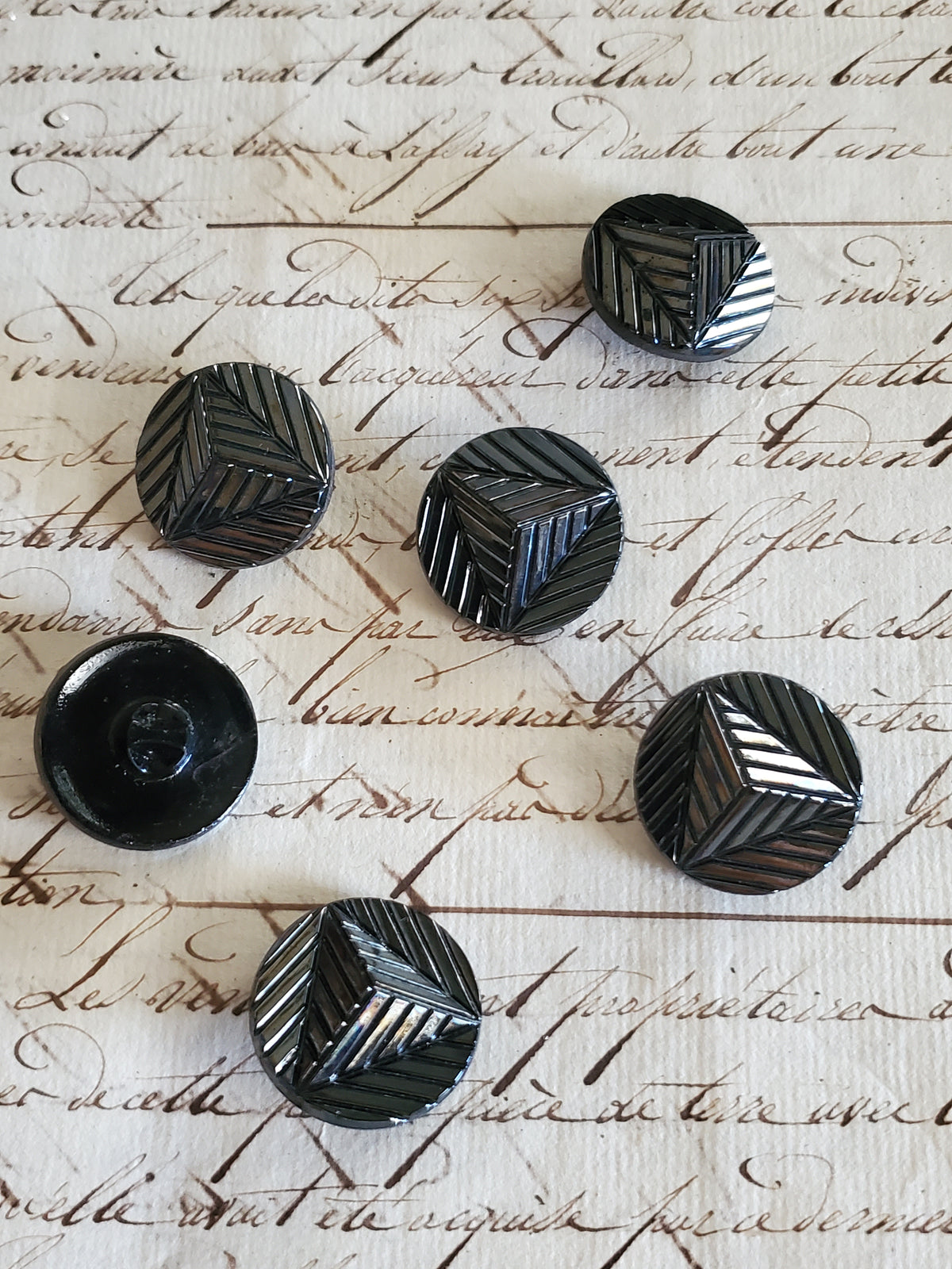 6 Vintage Gunmetal Pyramid Glass Buttons