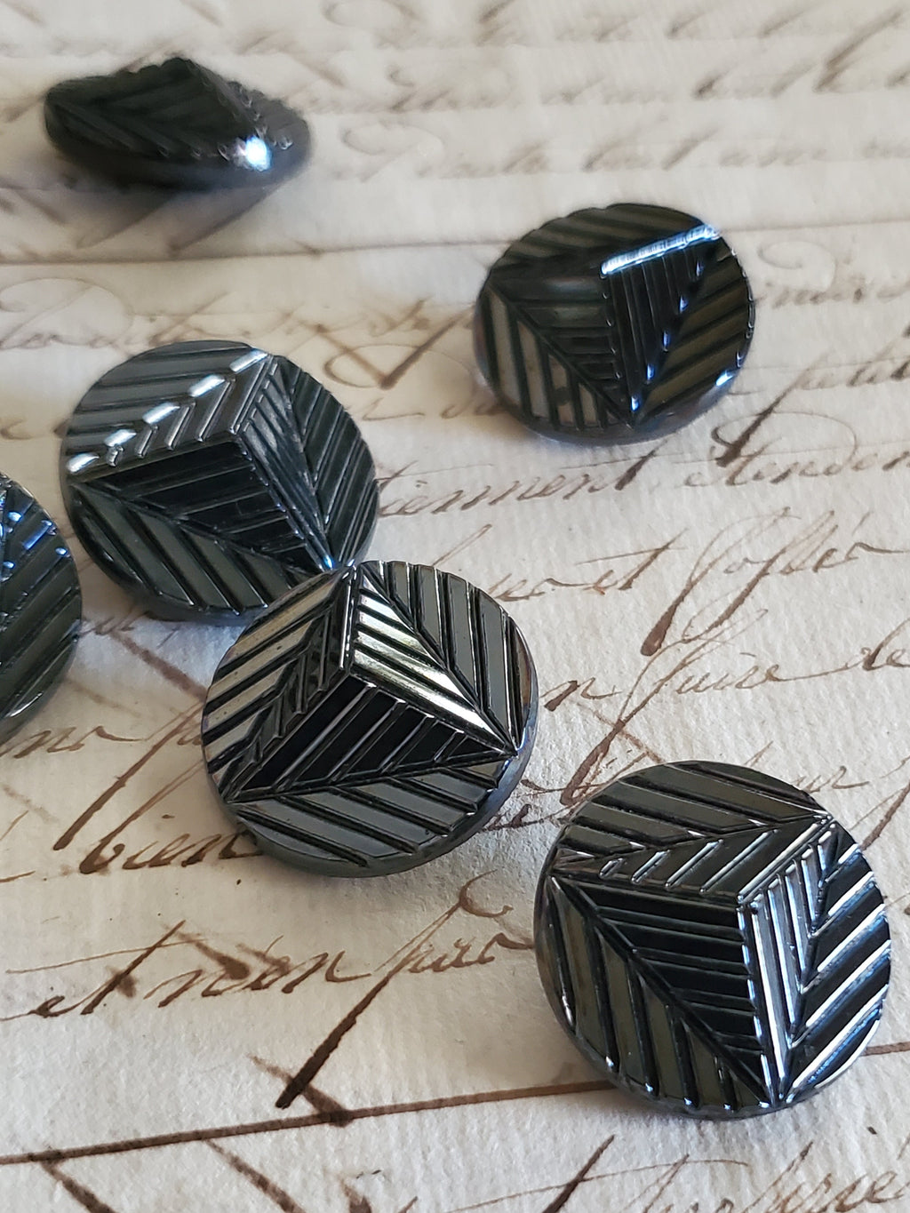6 Vintage Gunmetal Pyramid Glass Buttons