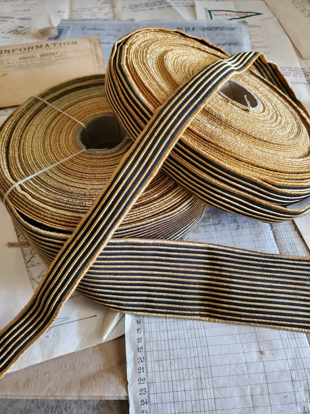 Antique Gold and Black Narrow Stripe Trim - 2 Widths