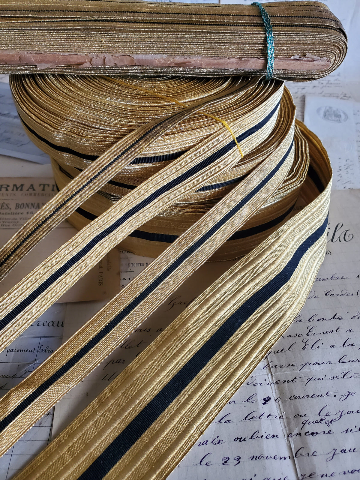 Gold Thread Antique Military Lace with Black Silk Stripe