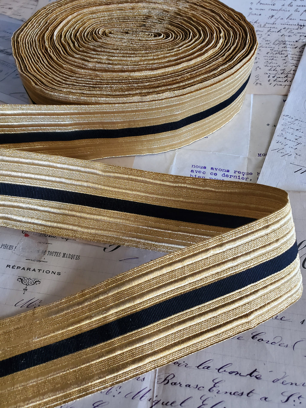 Gold Thread Antique Military Lace with Black Silk Stripe
