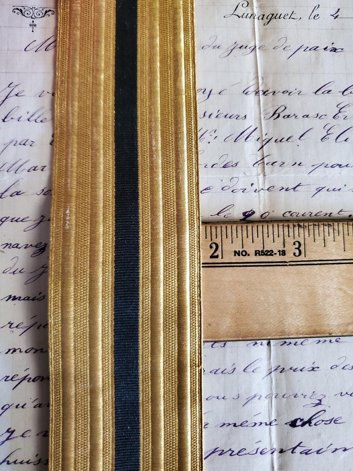 Gold Thread Antique Military Lace with Black Silk Stripe