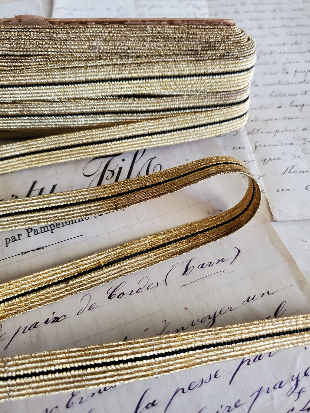 Gold Thread Antique Military Lace with Black Silk Stripe