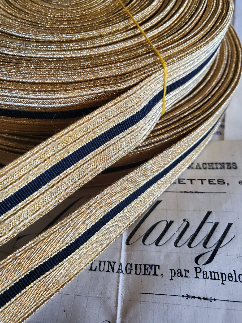 Gold Thread Antique Military Lace with Black Silk Stripe