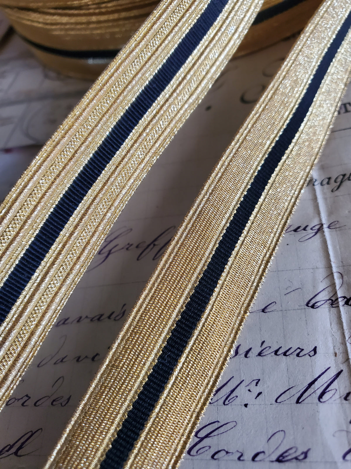 Gold Thread Antique Military Lace with Black Silk Stripe