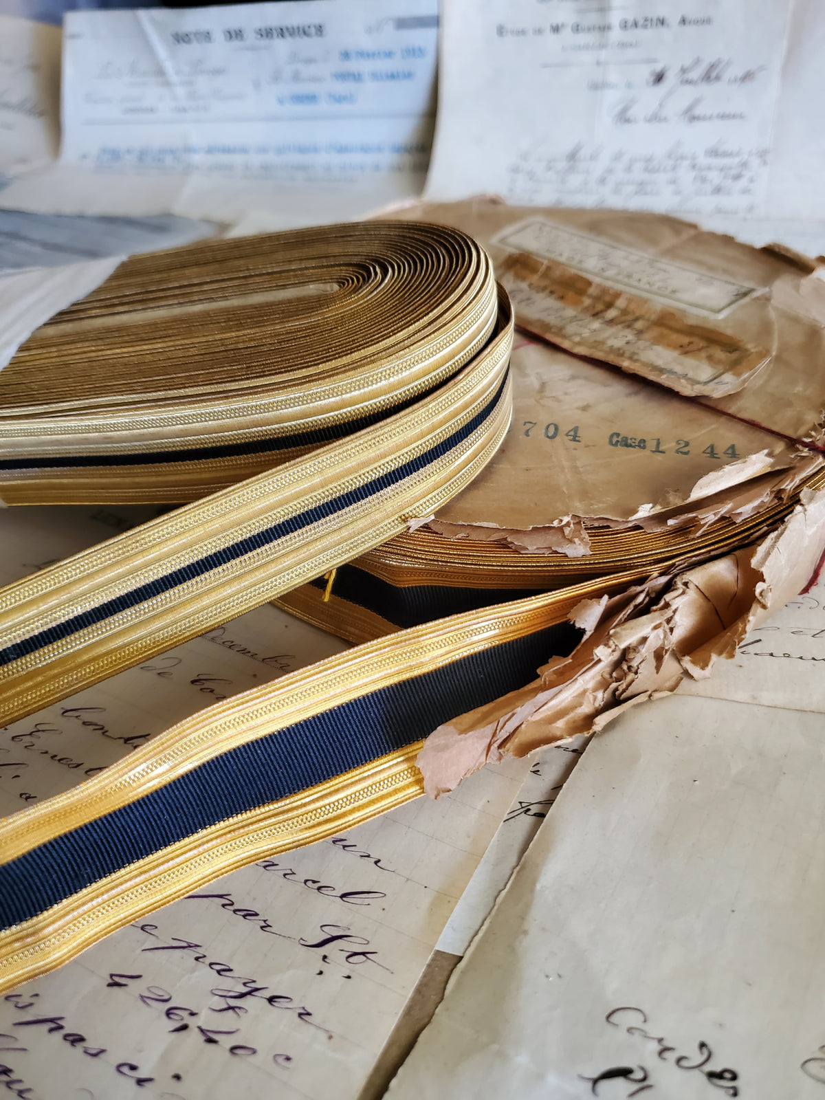 Antique Gold Wire Military Lace with Black Silk Stripe