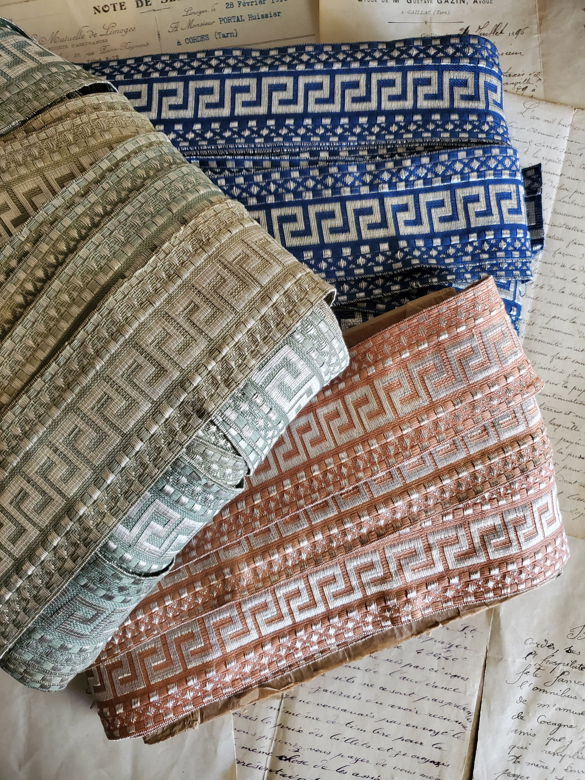 Wide Antique Metallic Greek Key Trim in 3 colors