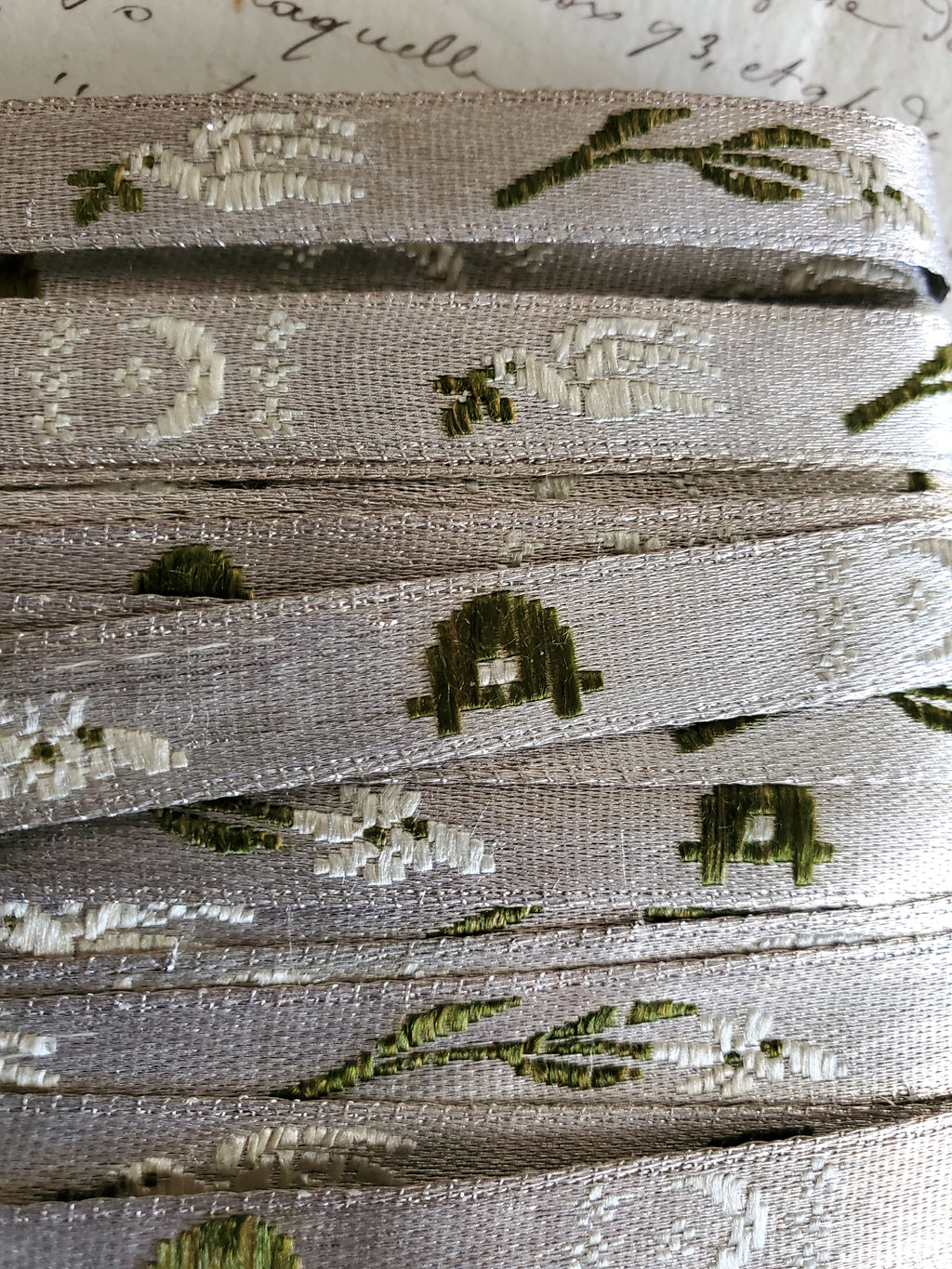 Antique Ecclesiastic Siver Silk Ribbon with Doves and Moons