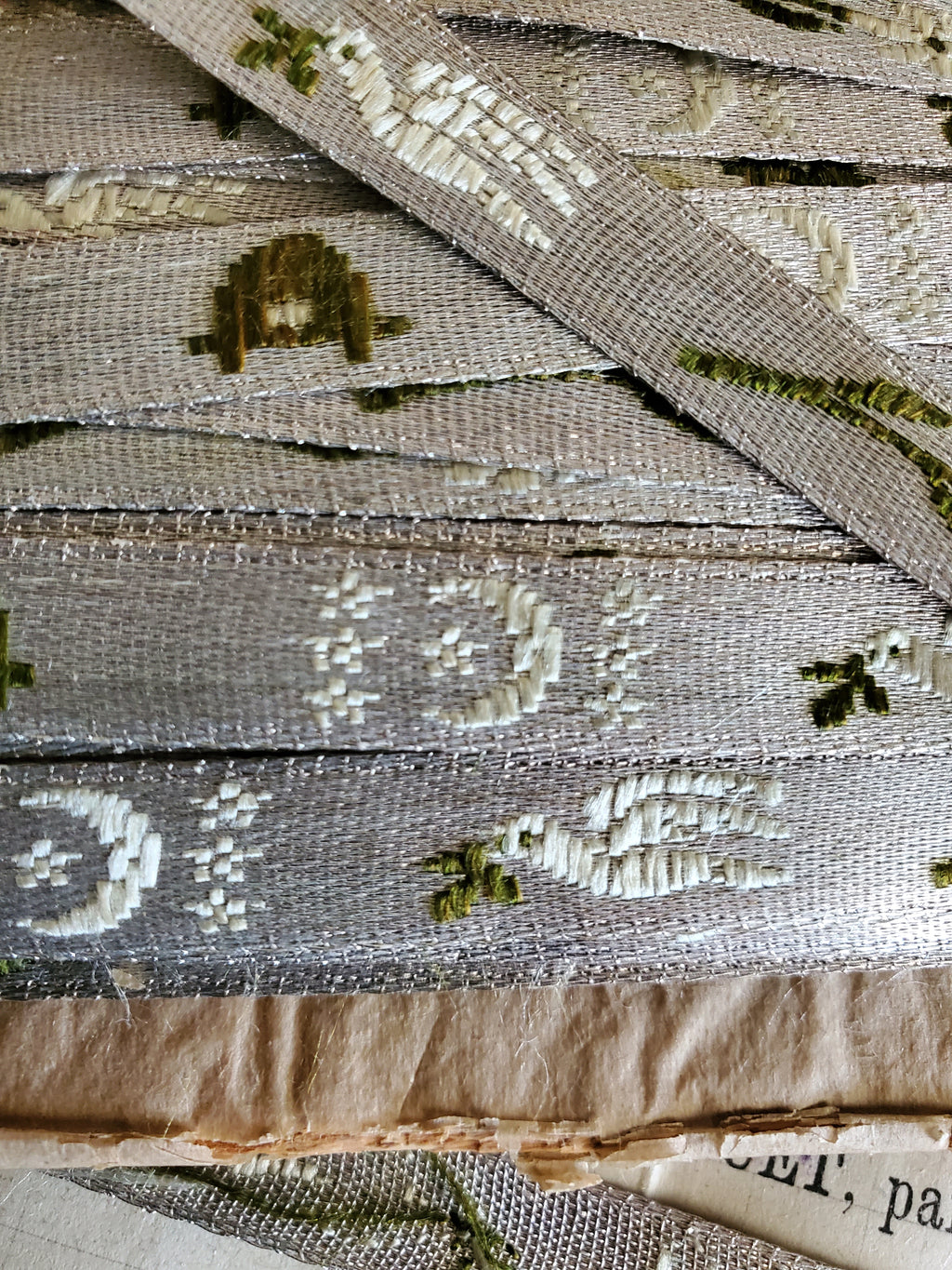 Antique Ecclesiastic Siver Silk Ribbon with Doves and Moons