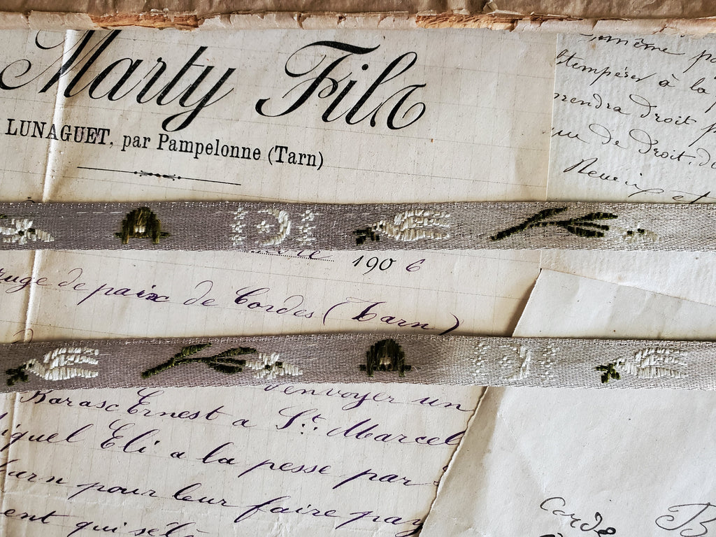 Antique Ecclesiastic Siver Silk Ribbon with Doves and Moons