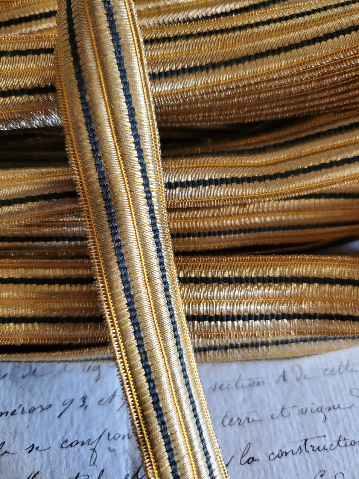 Gold w/2 Black  Stripes Metallic Thread Trim