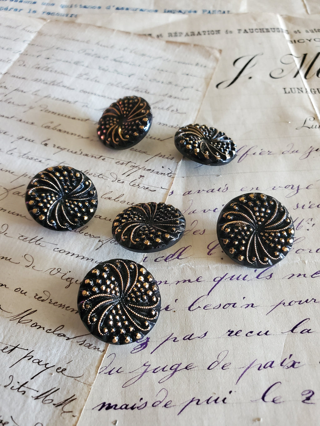 Czech Glass Buttons with Gold Design - Set of 6