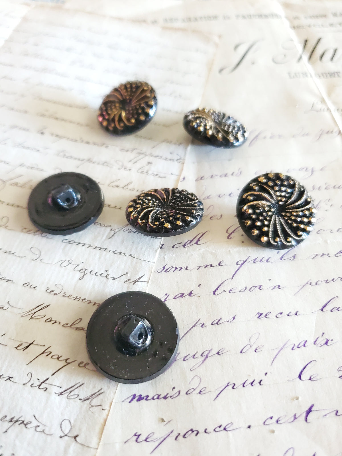 Czech Glass Buttons with Gold Design - Set of 6