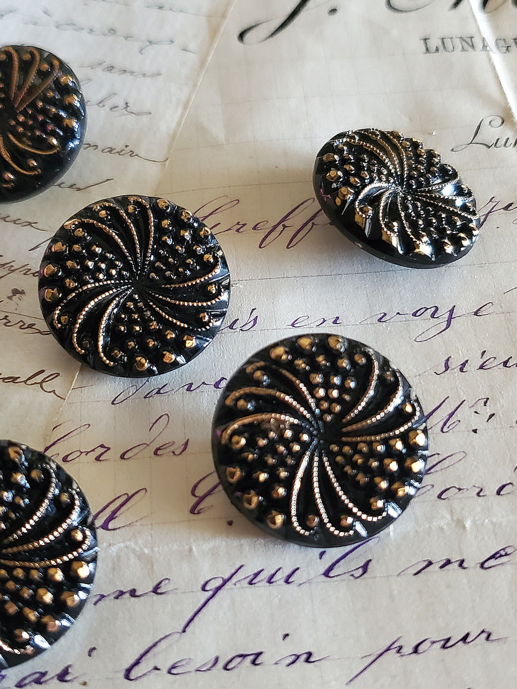 Czech Glass Buttons with Gold Design - Set of 6