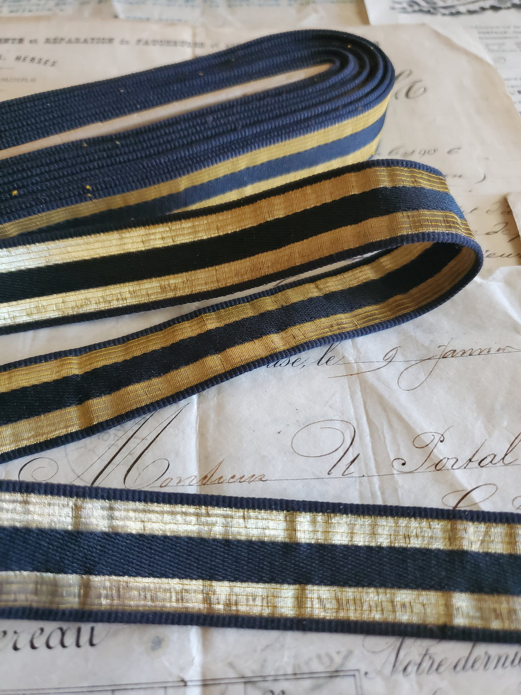 Antique Silk Black Military Lace with 2 Gold Thread Stripes