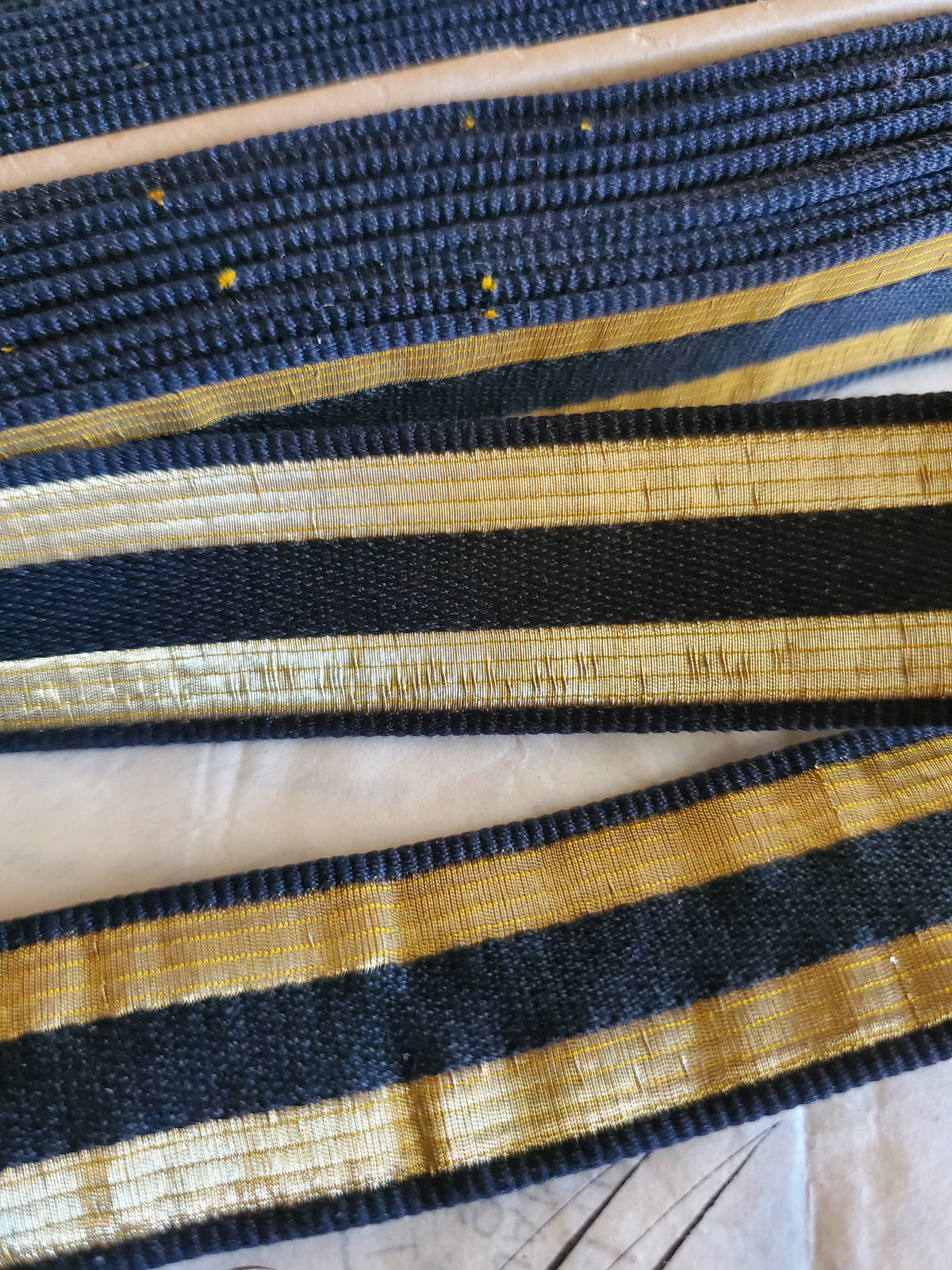 Antique Silk Black Military Lace with 2 Gold Thread Stripes