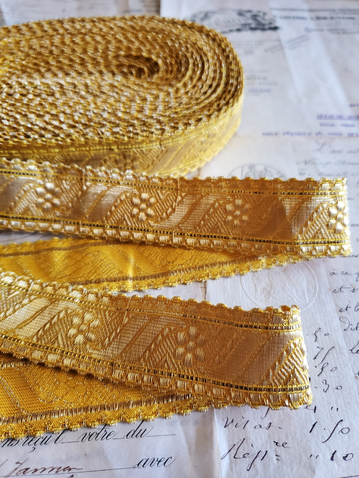 Antique Floral and Vine Scalloped Ecclesiastic Gold Thread Trim