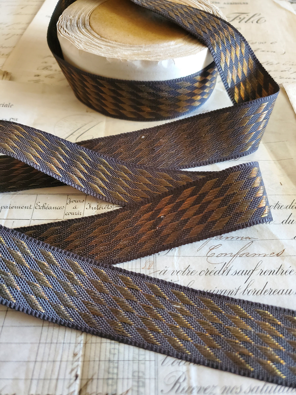 Antique Black Silk and Gold Geometric Ribbon