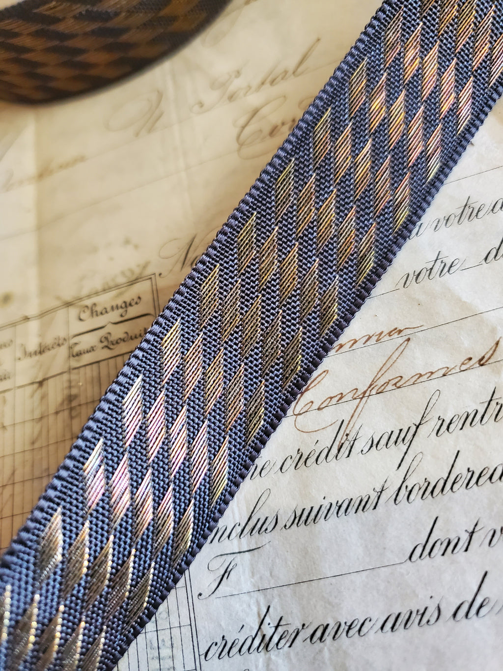 Antique Black Silk and Gold Geometric Ribbon