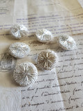 6 Round Silver Glass Bugle Buttons