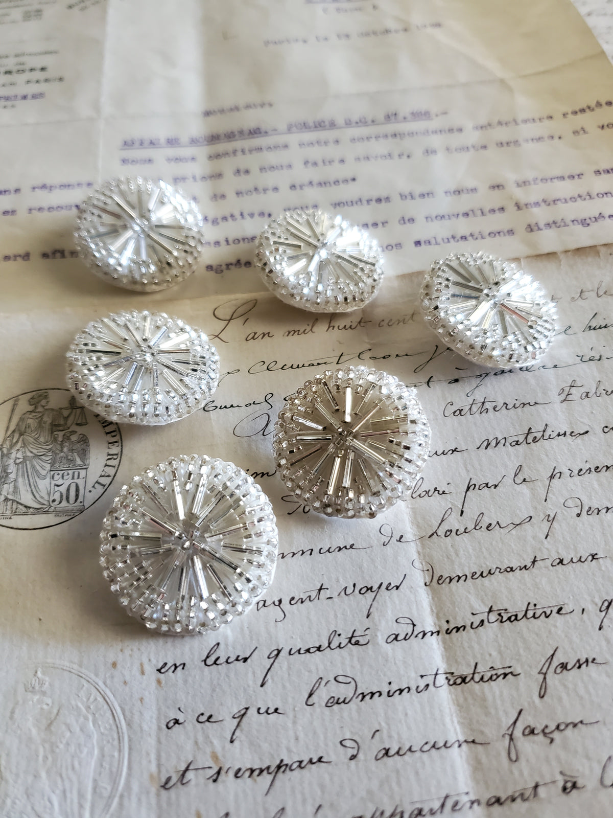 6 Round Silver Glass Bugle Buttons