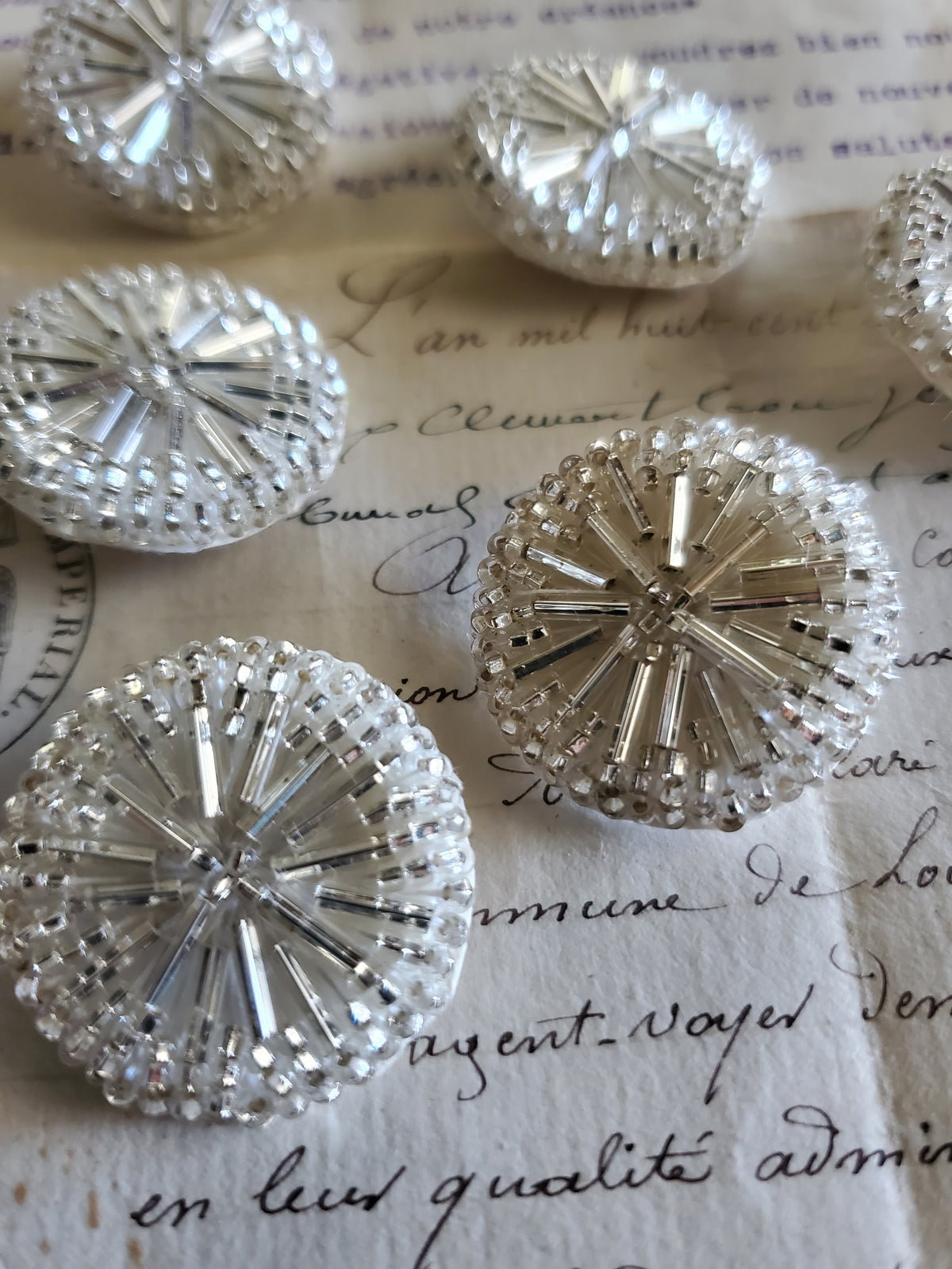 6 Round Silver Glass Bugle Buttons