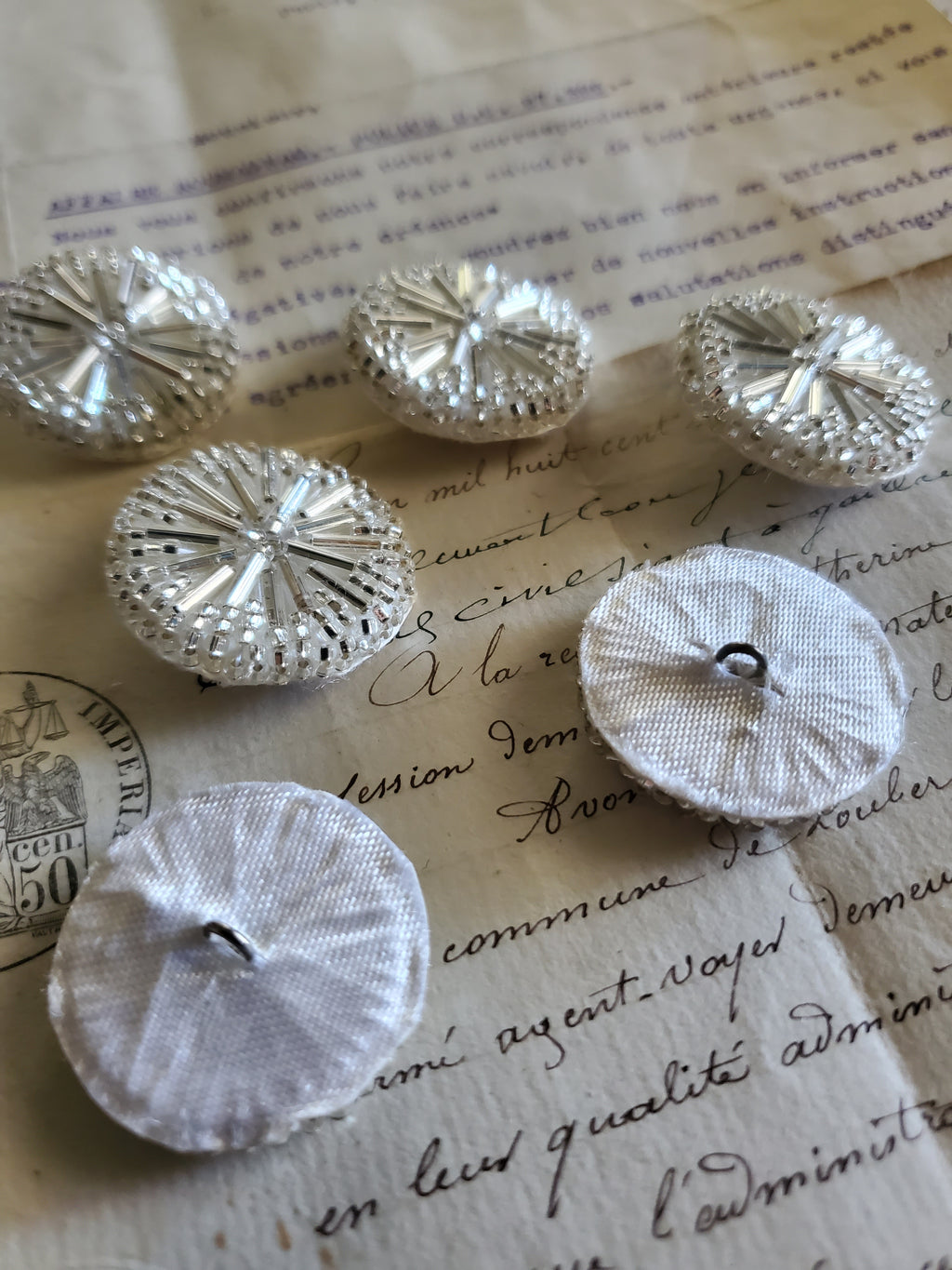 6 Round Silver Glass Bugle Buttons
